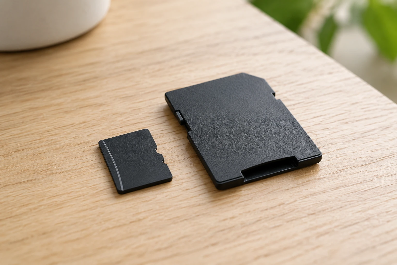 Carte microSD et adaptateur SD noirs posés sur table en bois clair, lumière naturelle