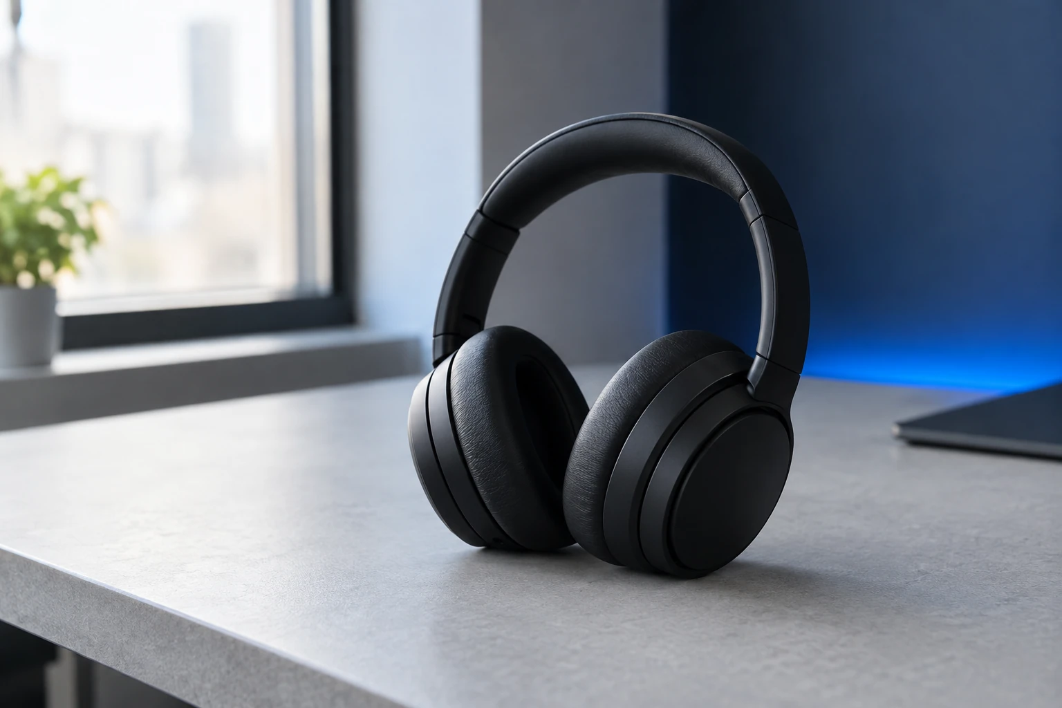 Casque audio noir posé sur un bureau clair près d'une fenêtre lumineuse