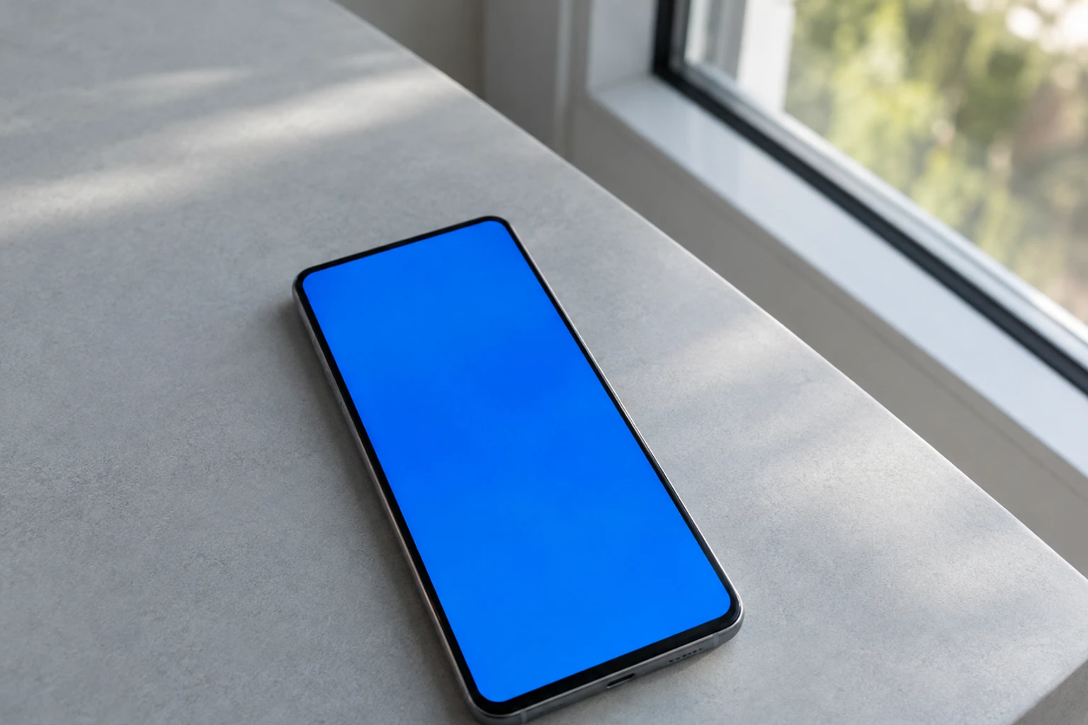 Smartphone posé sur un rebord près d'une fenêtre, écran bleu uniforme et lumineux
