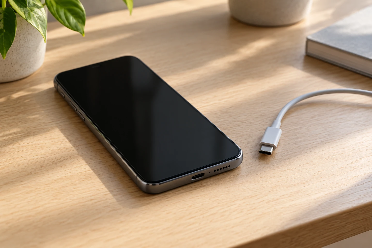 Smartphone posé écran éteint sur bureau en bois près d’un câble USB-C et plante
