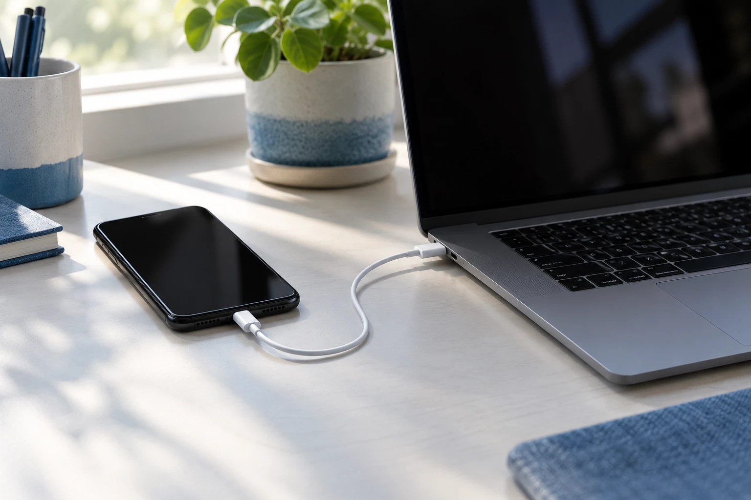 IPhone connecté en USB à un ordinateur portable sur un bureau éclairé par la fenêtre