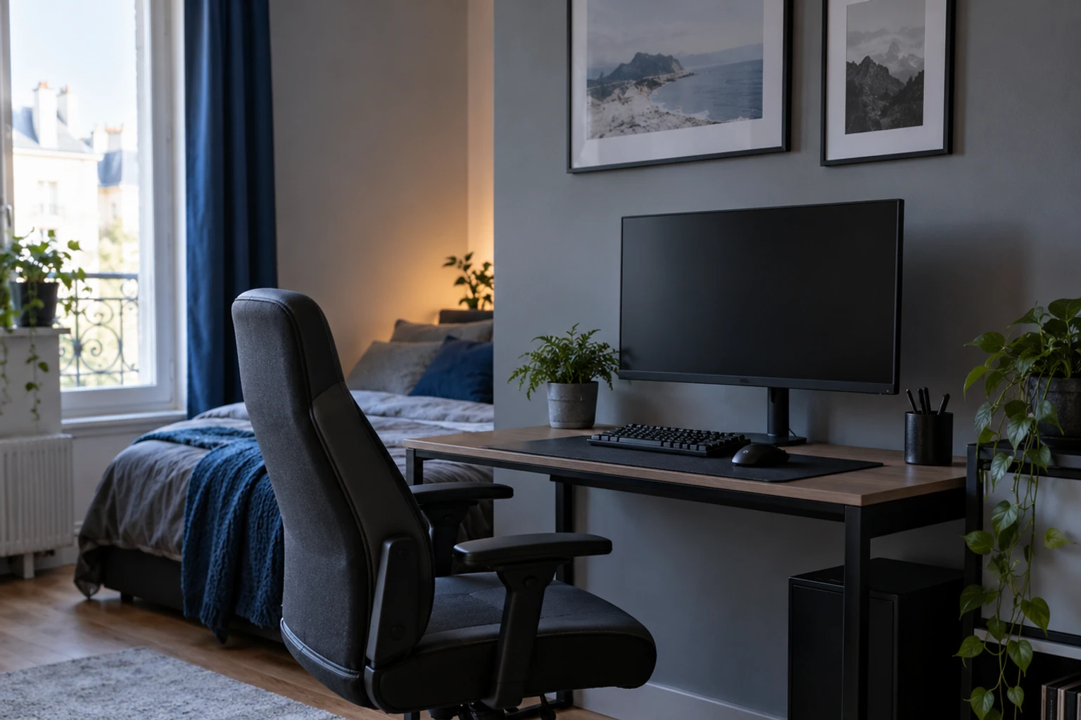 Bureau gaming épuré avec écran, clavier, souris, chaise ergonomique et lit en arrière-plan