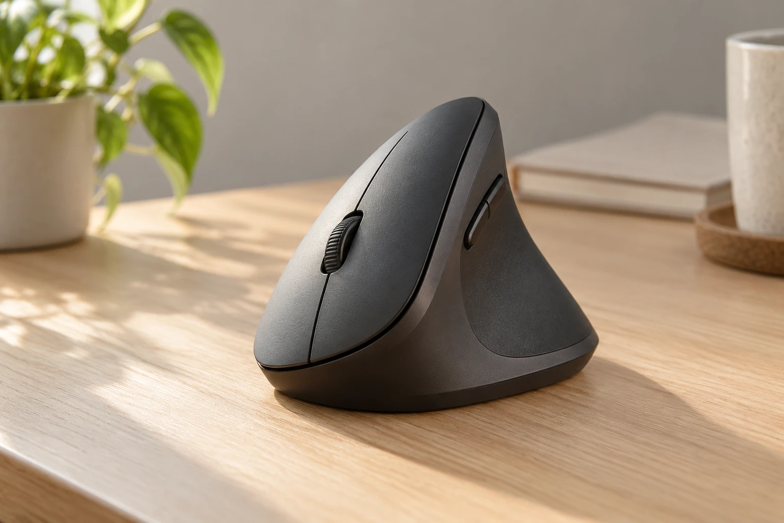 Souris ergonomique verticale noire posée sur bureau en bois, plante et tasse en arrière-plan